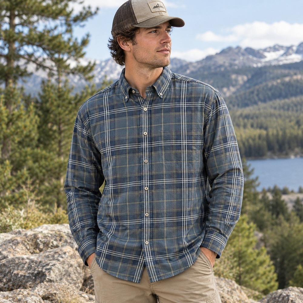 Eddie Bauer Mens Large Plaid Button Down Shirt Blue Green Gorpcore Outdoor‎